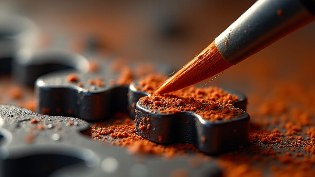 Artystyczne zbliżenie pędzla nakładającego efekt rdzy na metalową miniaturę