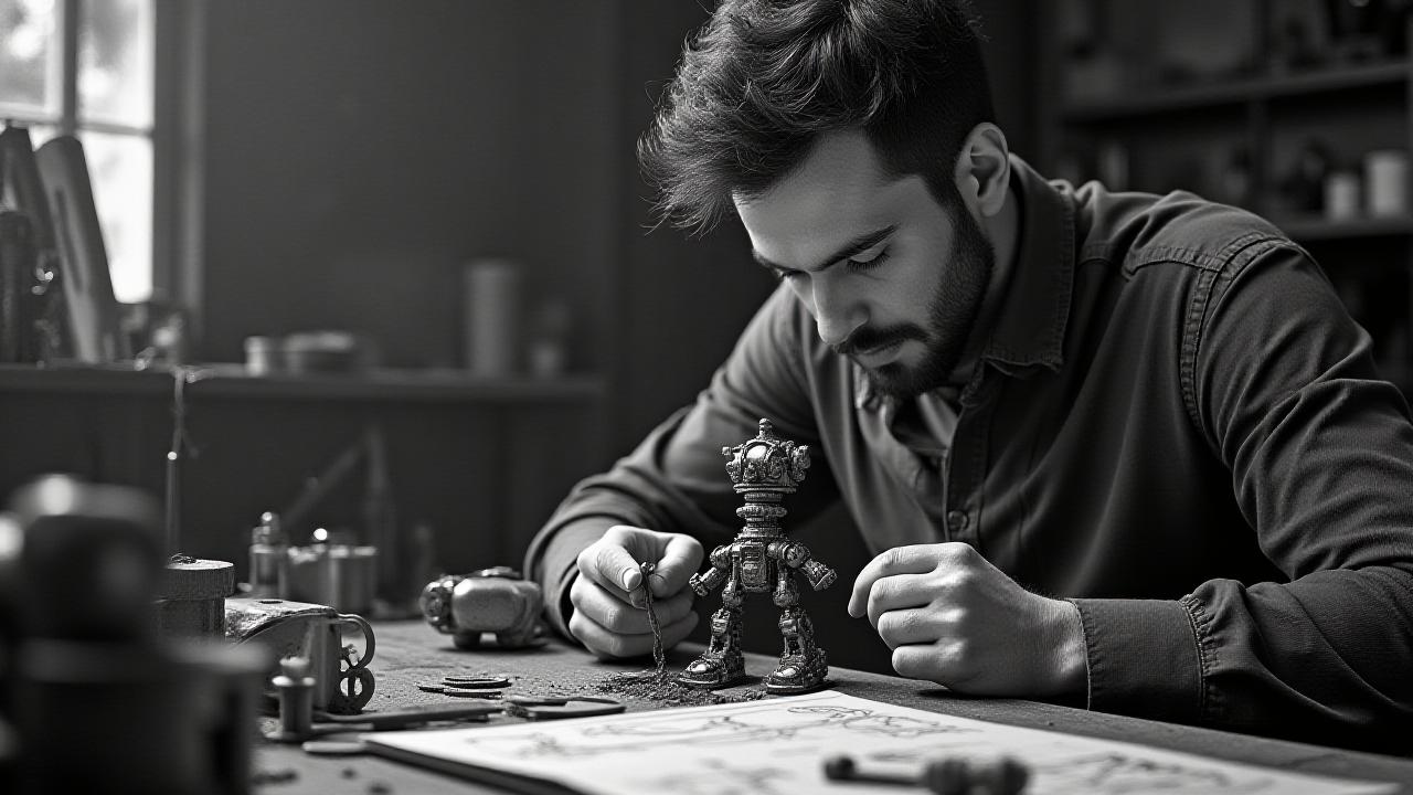 Założyciel Ironspire Miniatures przy stole warsztatowym projektujący miniatury steampunkowe