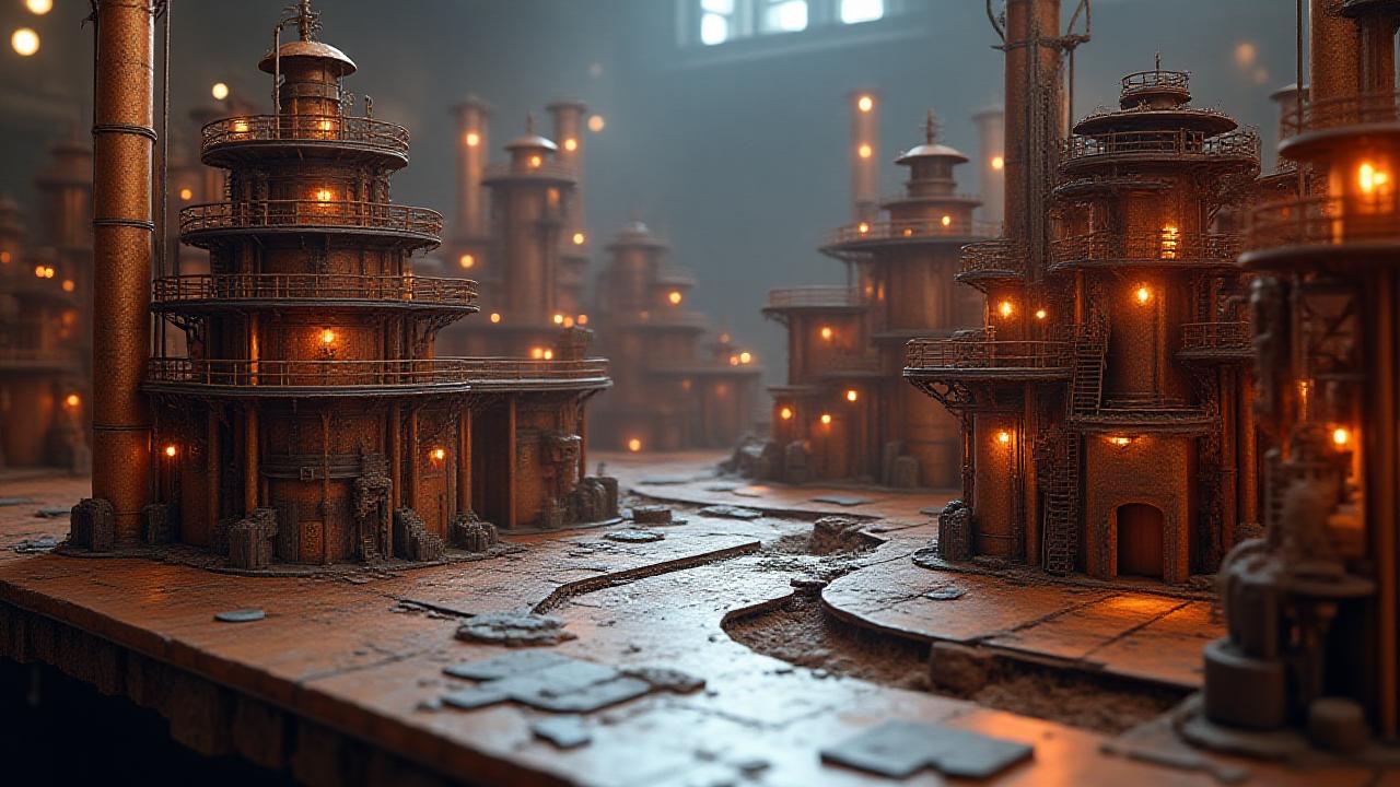 Rozbudowany stół do gry wargamingowej w stylu industrialnym